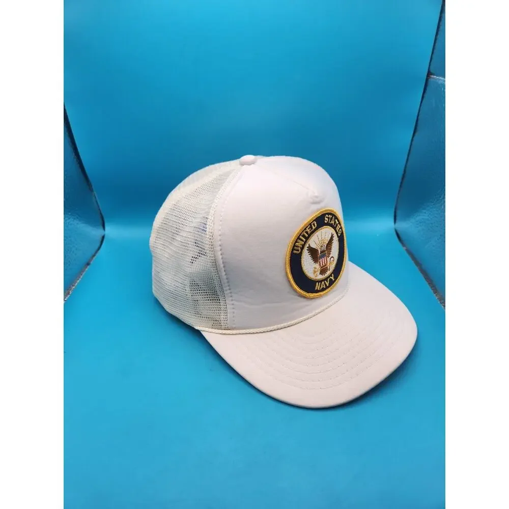 Vintage Nissin United States Navy White Mesh Back Snapback Trucker Cap Hat Cord